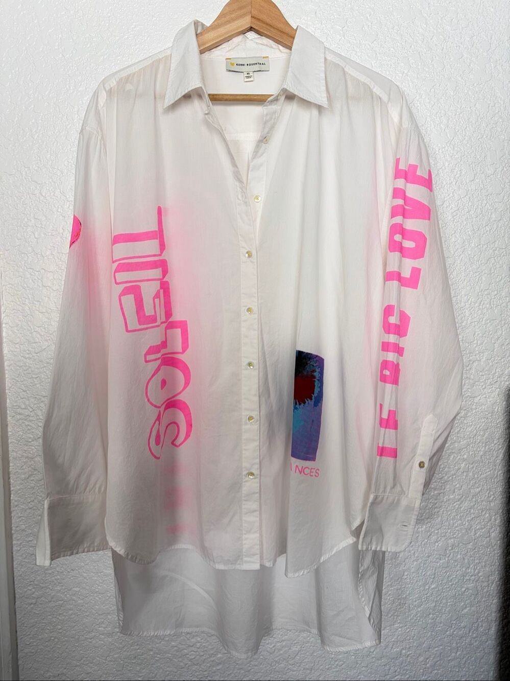 Kerri Rosenthal Soleil Jack Shirt White Pink Wearable Art Cotton Poplin XL - Picture 4 of 12